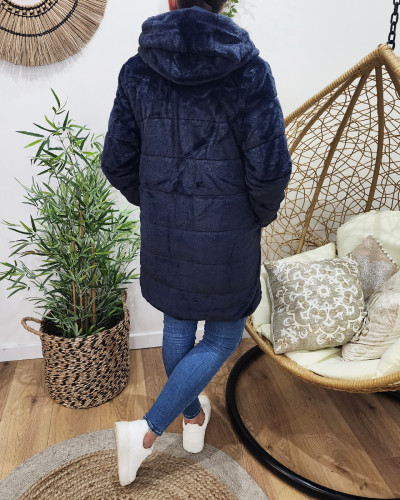 Parka femme longue réversible fausse fourrure bleu marine
