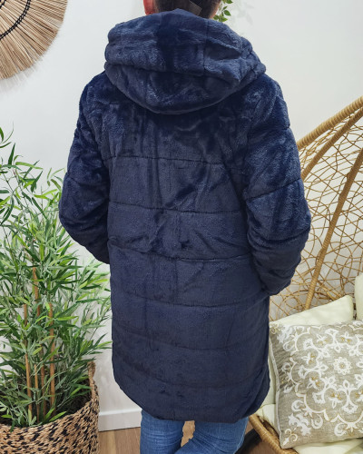Parka femme longue réversible fausse fourrure bleu marine