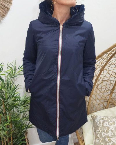 Parka femme longue reversible fausse fourrure bleu marine 23948