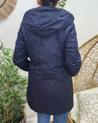 Parka femme longue réversible fausse fourrure bleu marine