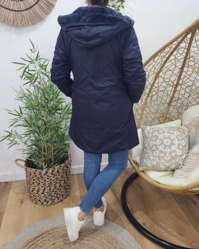 Parka femme longue réversible fausse fourrure bleu marine