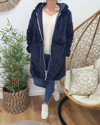 Parka femme longue reversible fausse fourrure bleu marine 23948