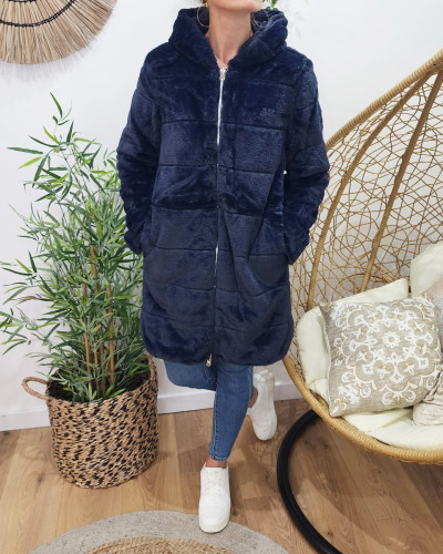 Parka femme longue reversible fausse fourrure bleu marine 23948