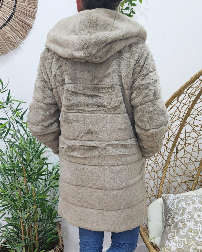 Parka femme longue réversible bronze fausse fourrure taupe