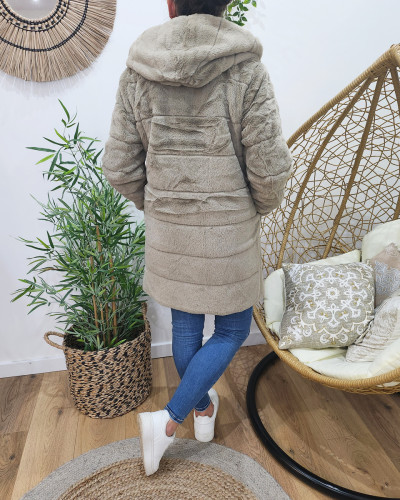 Parka femme longue réversible bronze fausse fourrure taupe