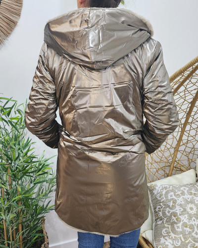 Parka femme longue réversible bronze fausse fourrure taupe
