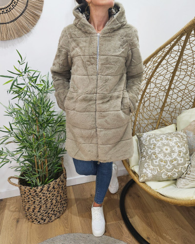 Parka femme longue réversible bronze fausse fourrure taupe