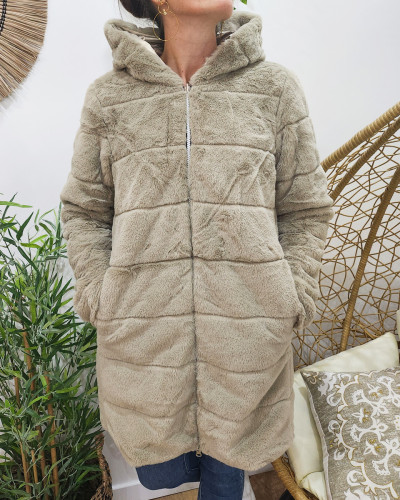 Parka femme longue réversible dorée fausse fourrure beige