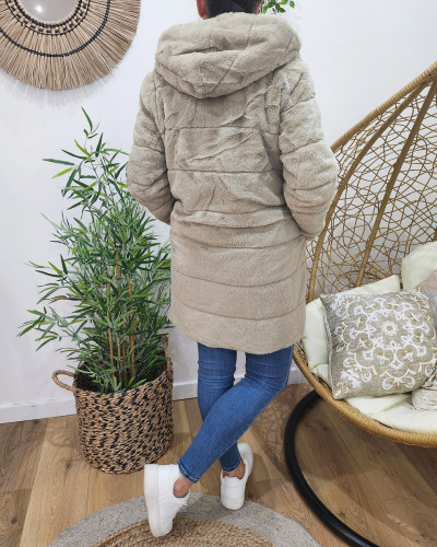 Parka femme longue réversible dorée fausse fourrure beige