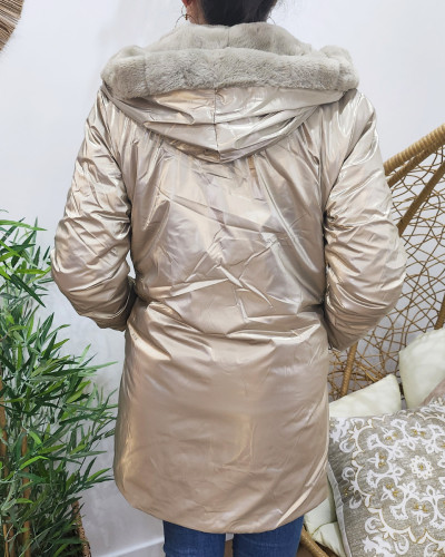Parka femme longue réversible dorée fausse fourrure beige