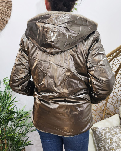 Parka femme réversible bronze fausse fourrure taupe Zola