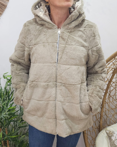 Parka femme réversible dorée fausse fourrure beige Zola