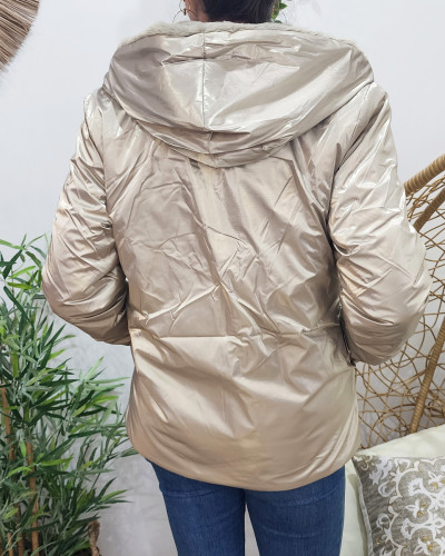 Parka femme réversible dorée fausse fourrure beige Zola