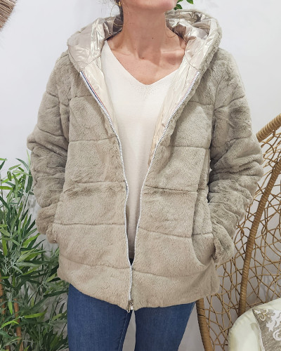 Parka femme réversible dorée fausse fourrure beige Zola