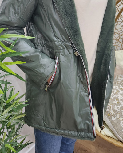 Parka femme réversible kaki fausse fourrure kaki
