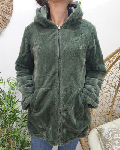 Parka femme réversible kaki fausse fourrure kaki