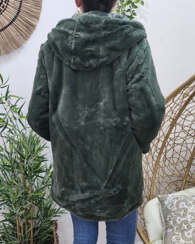 Parka femme réversible kaki fausse fourrure kaki