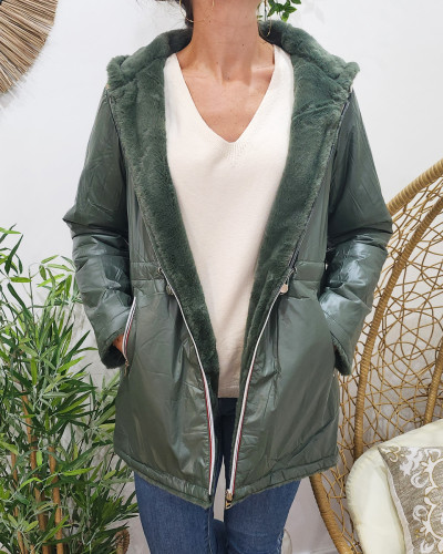 Parka femme réversible kaki fausse fourrure kaki