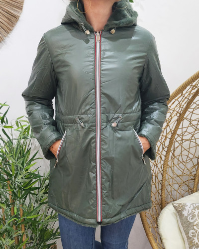 Parka femme réversible kaki fausse fourrure kaki