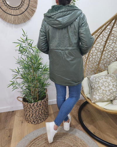 Parka femme réversible kaki fausse fourrure kaki
