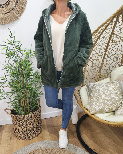 Parka femme réversible kaki fausse fourrure kaki