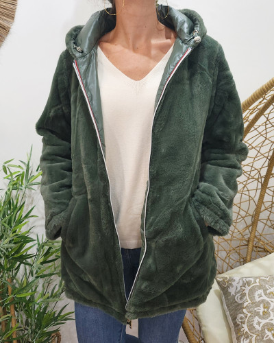 Parka femme réversible kaki fausse fourrure kaki