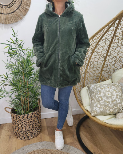Parka femme réversible kaki fausse fourrure kaki