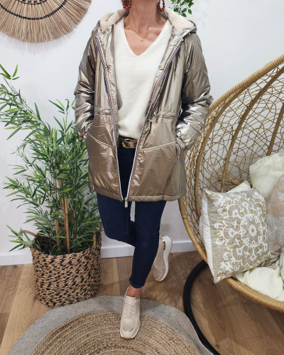 Parka femme dorée fourrée beige à capuche
