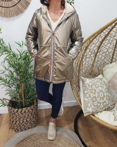 Parka femme dorée fourrée beige à capuche