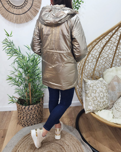 Parka femme dorée fourrée beige à capuche