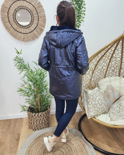 Parka femme bleu métallisé fourrée marine à capuche