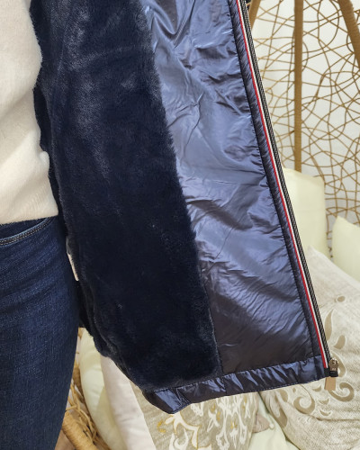 Parka femme bleu métallisé fourrée marine à capuche