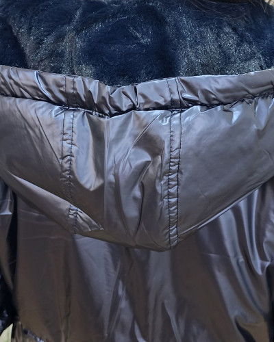 Parka femme bleu métallisé fourrée marine à capuche