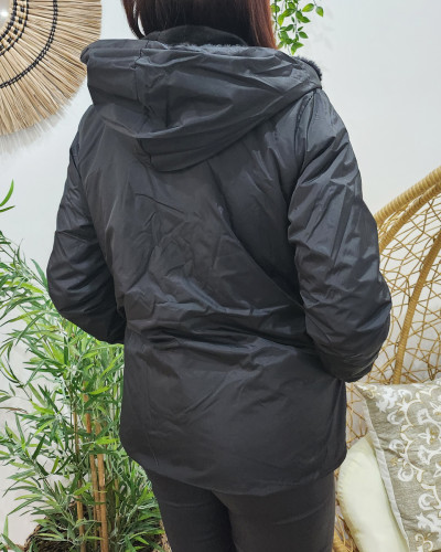 Parka femme noire réversible fausse fourrure noire Serafina