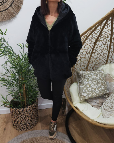 Parka femme noire réversible fausse fourrure noire Serafina