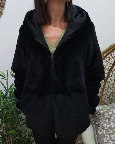 Parka femme noire réversible fausse fourrure noire Serafina
