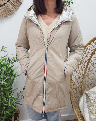 Parka doudoune femme longue épaisse réversible beige et dorée