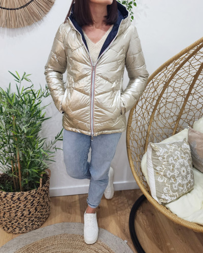 Parka doudoune femme courte épaisse réversible marine et dorée
