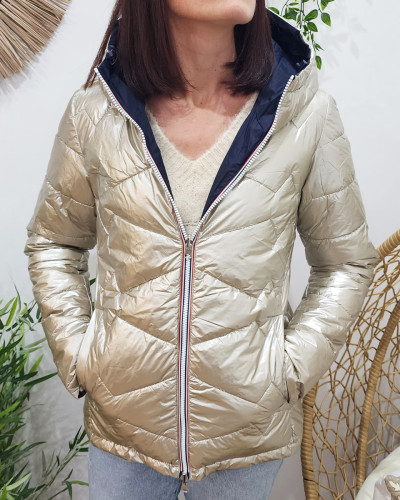 Parka doudoune femme courte épaisse réversible marine et dorée