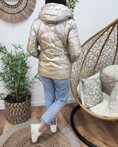 Parka doudoune femme courte épaisse réversible marine et dorée