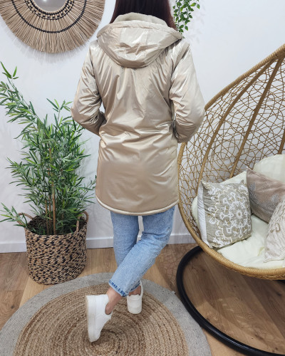 Parka femme dorée fourrée taupe à capuche Petra