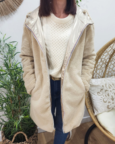 Parka femme dorée réversible fausse fourrure beige Armanda