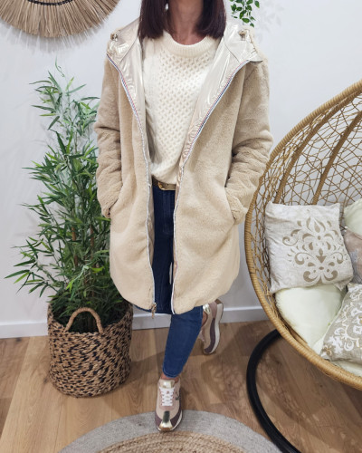 Parka femme dorée réversible fausse fourrure beige Armanda