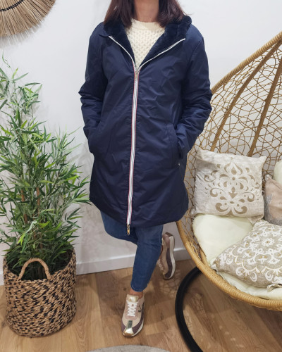 Parka femme bleu marine réversible fausse fourrure Armanda