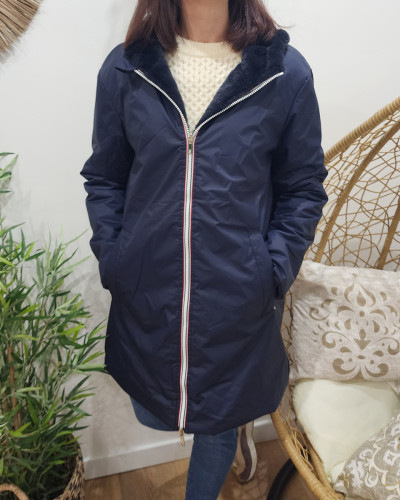 Parka femme bleu marine réversible fausse fourrure Armanda