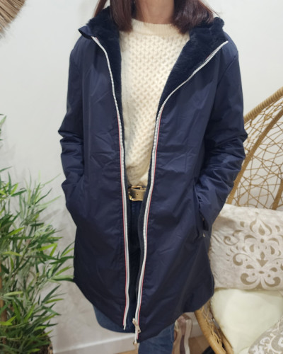 Parka femme bleu marine réversible fausse fourrure Armanda