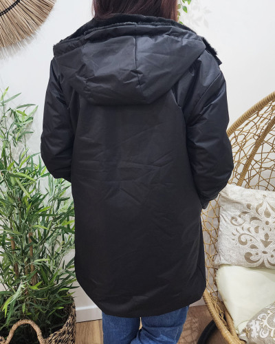 Parka femme noire réversible fausse fourrure Armanda