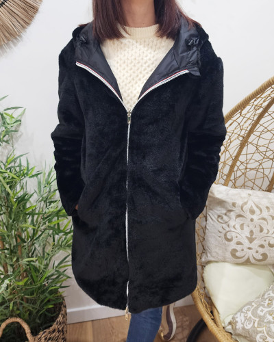 Parka femme noire réversible fausse fourrure Armanda