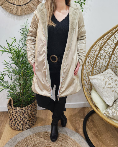 Parka femme dorée réversible fausse fourrure taupe Armanda