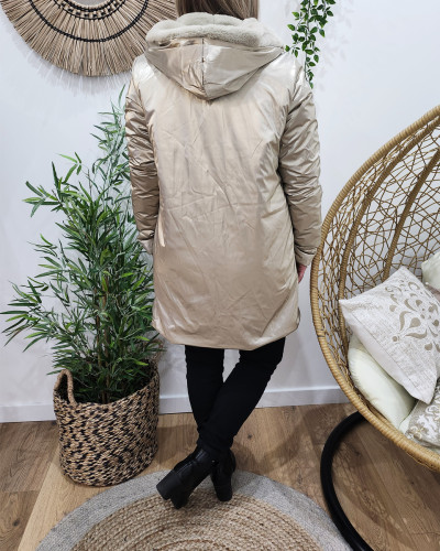Parka femme dorée réversible fausse fourrure taupe Armanda